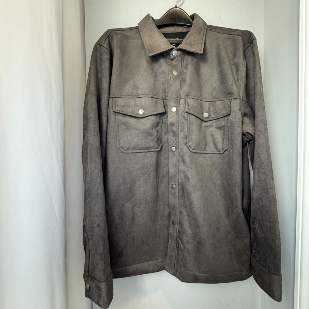 Frye Men’s Faux-Suede Shirt Jacket (Shacket) – Size XL – Unique Grey/Green/Brown